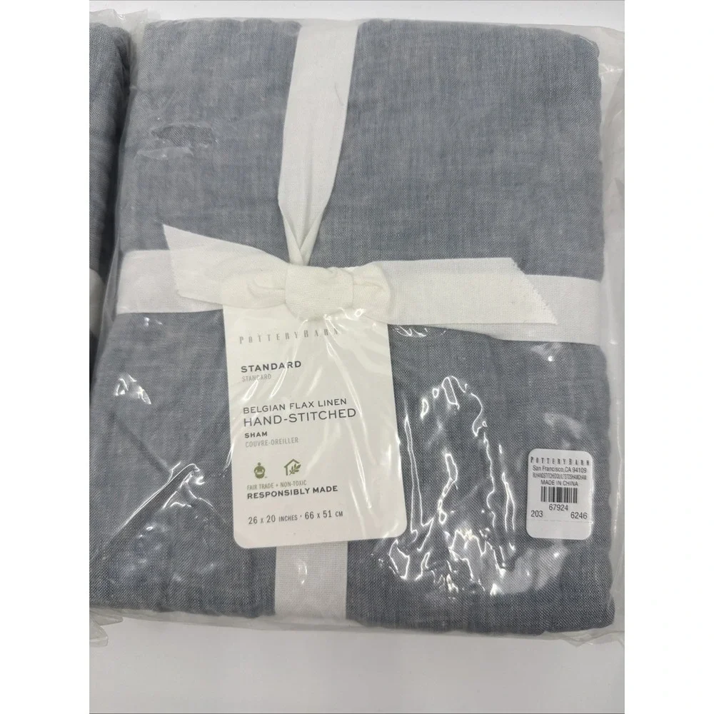 Pottery Barn Chambray Standard Quilted Belgian Flax Linen Set Of 2 Shams New